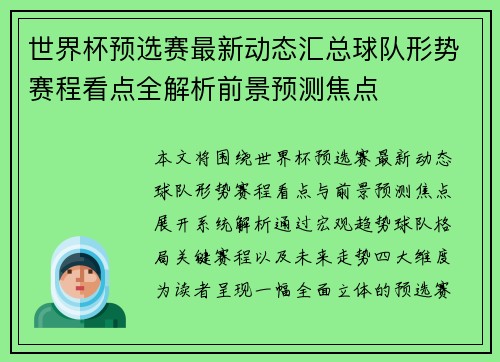 世界杯预选赛最新动态汇总球队形势赛程看点全解析前景预测焦点